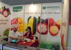 Ms Stacy Hemmasart of Kodanmal Group Co., Ltd. is receiving a visitor at the booth. The company supplies a variety of fresh fruits from Thailand.